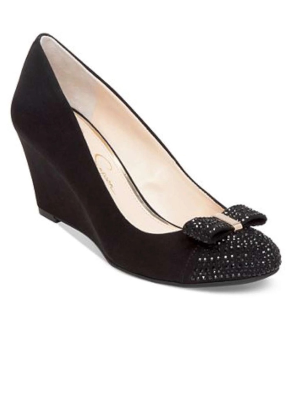 Jessica Simpson Black Embellished Bow Wedge Pumps
